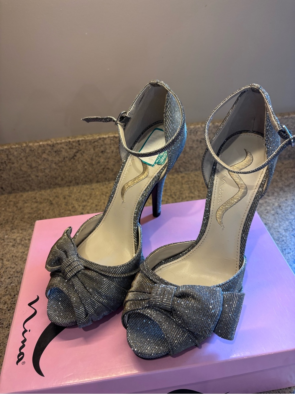 Nina Silver Glitter Bow Ankle-Strap Peep-Toe Heels